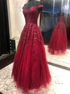 A-line Off-the-shoulder Tulle Sweep Train Appliques Lace Prom Dresses #Milly020108821