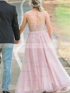 A-line V-neck Tulle Sweep Train Appliques Lace Prom Dresses #Milly020108823