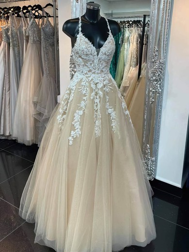 Ball Gown V-neck Tulle Floor-length Appliques Lace Prom Dresses #Milly020108827