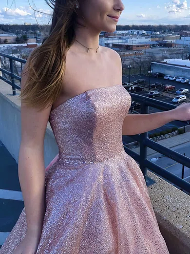 A-line Strapless Glitter Sweep Train Prom Dresses #Milly020108828