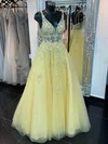 Ball Gown V-neck Tulle Floor-length Appliques Lace Prom Dresses #Milly020108831
