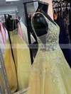 A-line V-neck Tulle Sweep Train Appliques Lace Prom Dresses #Milly020108831