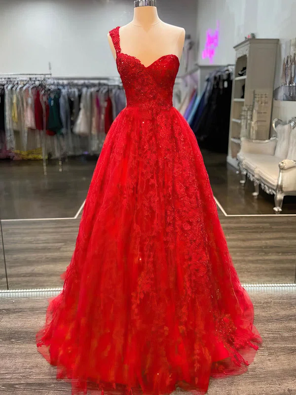 Ball Gown One Shoulder Tulle Sweep Train Appliques Lace Prom Dresses #Milly020108832