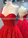 A-line One Shoulder Tulle Sweep Train Appliques Lace Prom Dresses #Milly020108832