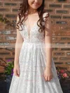 A-line V-neck Lace Sweep Train Prom Dresses #Milly020108834