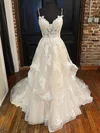 Ball Gown V-neck Tulle Sweep Train Appliques Lace Prom Dresses #Milly020108835