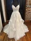 A-line V-neck Tulle Sweep Train Appliques Lace Prom Dresses #Milly020108835