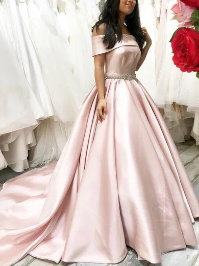 A-line Off-the-shoulder Satin Sweep Train Beading Prom Dresses #Milly020108836