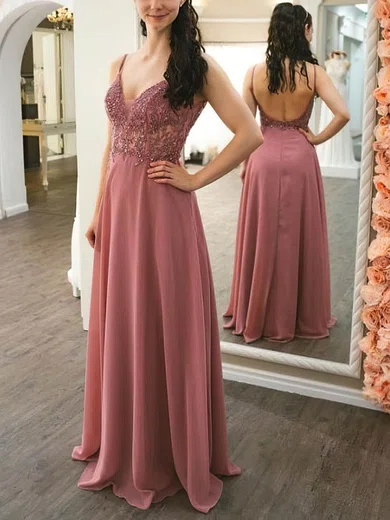 A-line V-neck Chiffon Sweep Train Appliques Lace Prom Dresses #Milly020108838