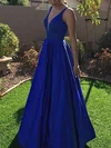 A-line V-neck Satin Sweep Train Beading Prom Dresses #Milly020108842