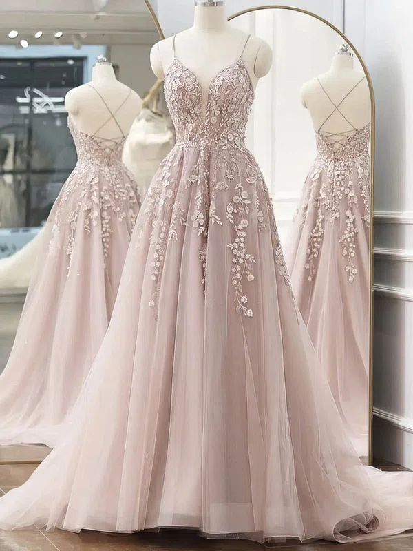 Ball Gown V-neck Tulle Sweep Train Appliques Lace Prom Dresses #Milly020108846