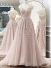 A-line V-neck Tulle Sweep Train Appliques Lace Prom Dresses #Milly020108846