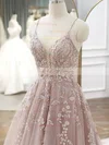 A-line V-neck Tulle Sweep Train Appliques Lace Prom Dresses #Milly020108846