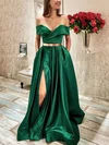 A-line Off-the-shoulder Satin Sweep Train Sashes / Ribbons Prom Dresses #Milly020108847