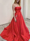 A-line Strapless Satin Sweep Train Beading Prom Dresses #Milly020108848