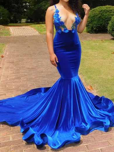 Mermaid V-neck Velvet Prom Dresses With Appliques #Milly020108849