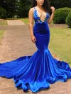 Trumpet/Mermaid Court Train V-neck Velvet Appliques Lace Prom Dresses #Milly020108849