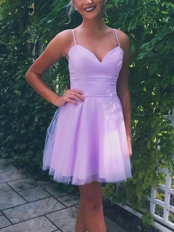 A-line V-neck Satin Tulle Short/Mini Homecoming Dresses #Milly020108903