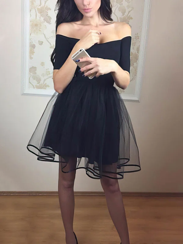 A-line Off-the-shoulder Jersey Tulle Short/Mini Homecoming Dresses #Milly020108916