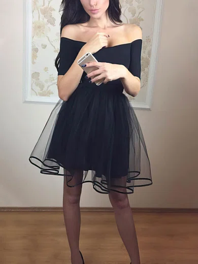 A-line Off-The-Shoulder Jersey Tulle Homecoming Dresses #Milly020108916