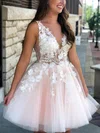 A-line V-neck Tulle Lace Short/Mini Appliques Lace Homecoming Dresses #Milly020108937