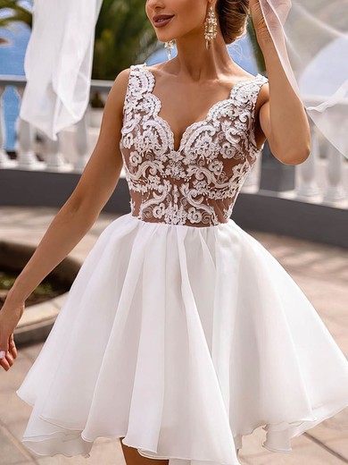 A-line V-neck Lace Chiffon Tulle Short/Mini Appliques Lace Homecoming Dresses #Milly020108939