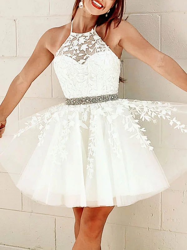 A-line Halter Tulle Short/Mini Homecoming Dresses With Appliques Lace #Milly020108941
