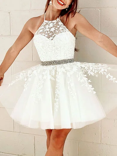 A-line Halter Tulle Homecoming Dresses With Appliques Lace #Milly020108941