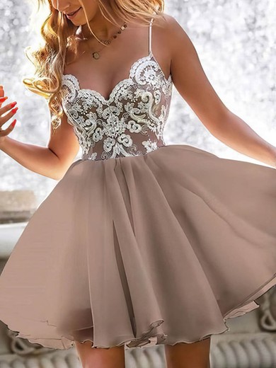 A-line V-neck Chiffon Short/Mini Homecoming Dresses With Appliques Lace #Milly020108948
