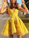A-line V-neck Tulle Lace Short/Mini Appliques Lace Homecoming Dresses #Milly020108960