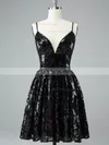 A-line V-neck Tulle Sequined Short/Mini Homecoming Dresses #Milly020108978