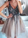 A-line V-neck Tulle Short/Mini Homecoming Dresses With Beading #Milly020108980