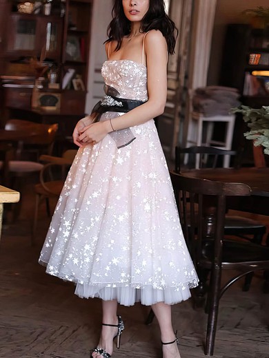 A-line Square Neckline Glitter Ankle-length Homecoming Dresses With Bow #Milly020108986