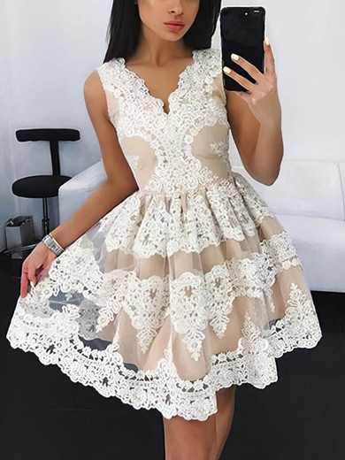 A-line V-neck Lace Tulle Short/Mini Appliques Lace Homecoming Dresses #Milly020109009