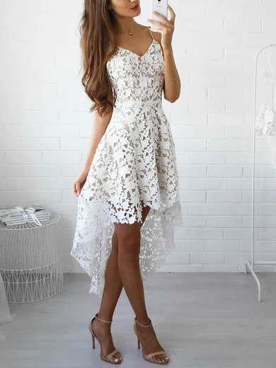 A-line V-neck Lace Asymmetrical Homecoming Dresses #Milly020109018