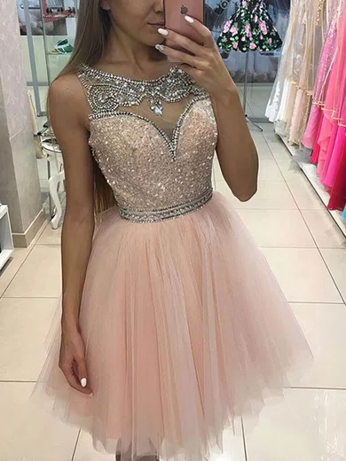 A-line Illusion Tulle Homecoming Dresses With Beading #Milly020109021