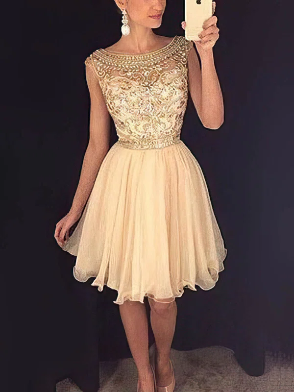 A-line Illusion Chiffon Short/Mini Homecoming Dresses With Beading #Milly020109023