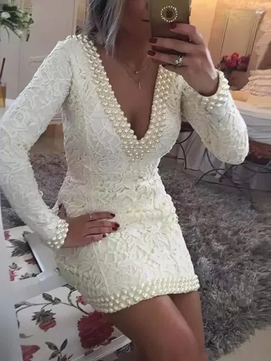 Deep V-neck Long Sleeve Lace Bodycon Homecoming Dresses #Milly020109055