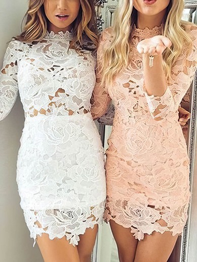 Sheath/Column High Neck Lace Short/Mini Lace Homecoming Dresses #Milly020109060