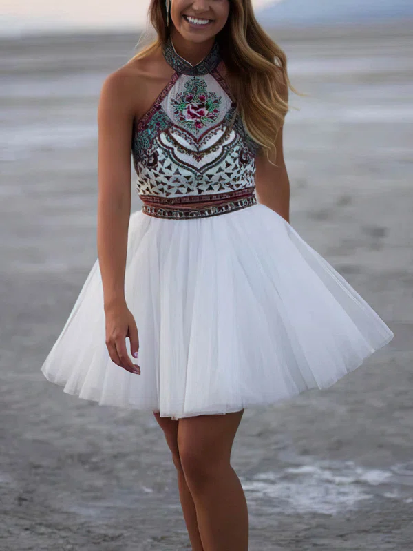 A-line Halter Tulle Short/Mini Homecoming Dresses With Appliques Lace #Milly020109061