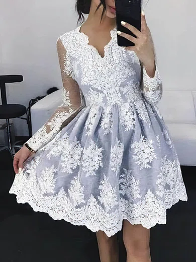 A-line V-neck Tulle Homecoming Dresses With Appliques Lace #Milly020109086