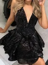 Glitter Black Skater V-neck Ruched Homecoming Dresses #Milly020109092