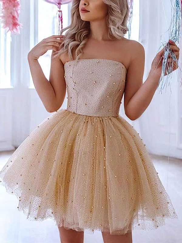 A-line Strapless Tulle Short/Mini Beading Homecoming Dresses #Milly020109112