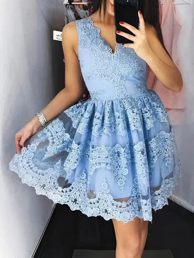 A-line V-neck Tulle Homecoming Dresses With Appliques Lace #Milly020109116