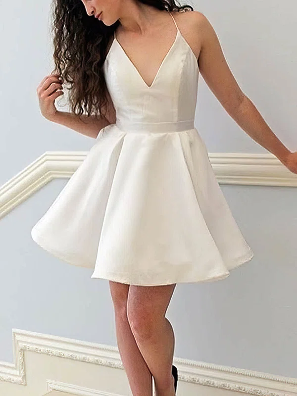 A-line V-neck Satin Short/Mini Homecoming Dresses #Milly020109135