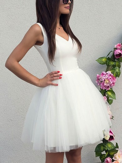 A-line V-neck Tulle Stretch Crepe Short/Mini Homecoming Dresses #Milly020109162