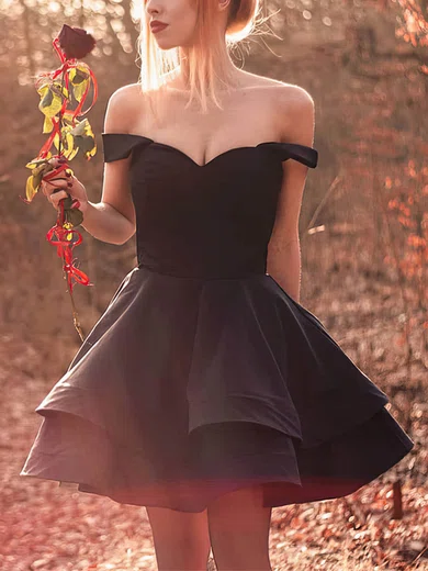 Off-The-Shoulder Satin Skater Homecoming Dresses With Tiered #Milly020109168