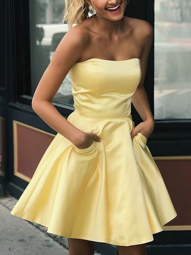 A-line Strapless Satin Short/Mini Pockets Homecoming Dresses #Milly020109186