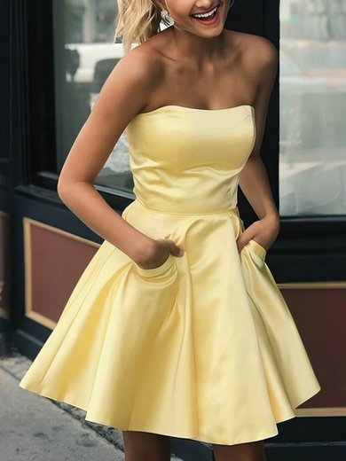 A-line Strapless Satin Short/Mini Pockets Homecoming Dresses #Milly020109186