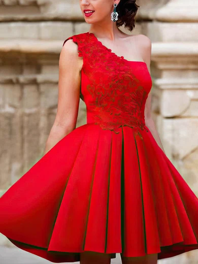 A-line One-Shoulder Satin Knee-length Homecoming Dresses With Appliques Lace #Milly020109217